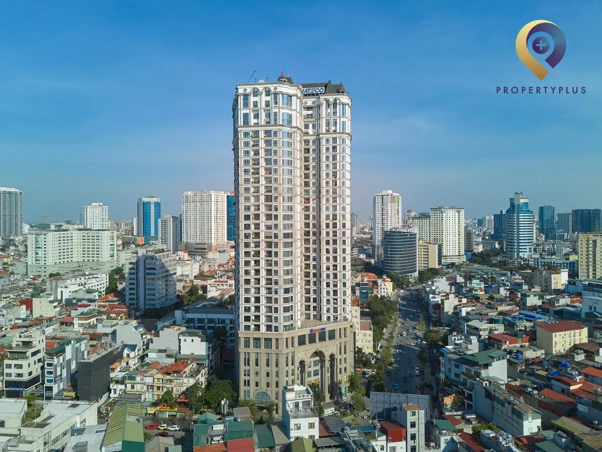 Toàn cảnh tòa nhà Hateco Laroma nhìn từ trên cao, nổi bật giữa khu vực Đống Đa.